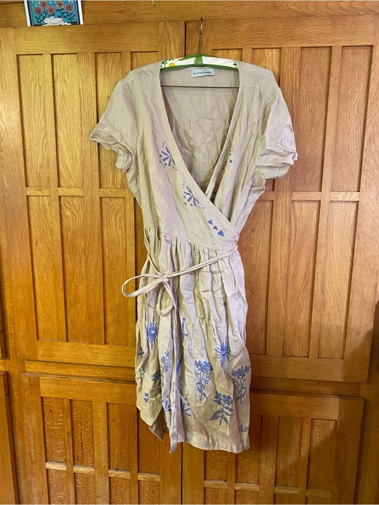 Sister Nettle Dresses & Skirts - Beige Wrap Dress with Blue Floral Accents